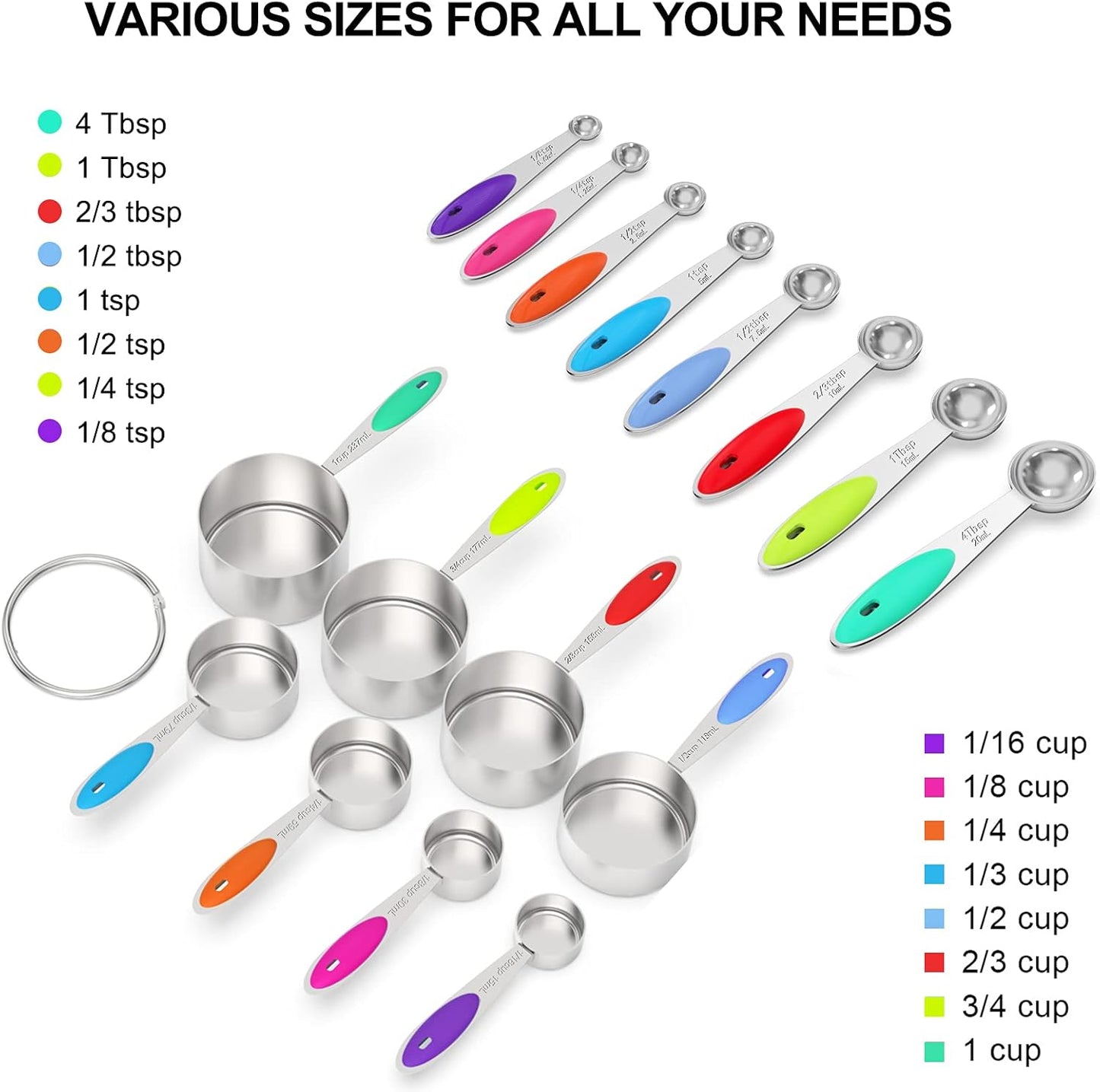 Stylish Measuring Set by Wildone - 21 Steel Compact Pieces, 8 cups, 8 spoons & 5 mini spoons, Colored Handles, For Dry & Liquid Ingredients