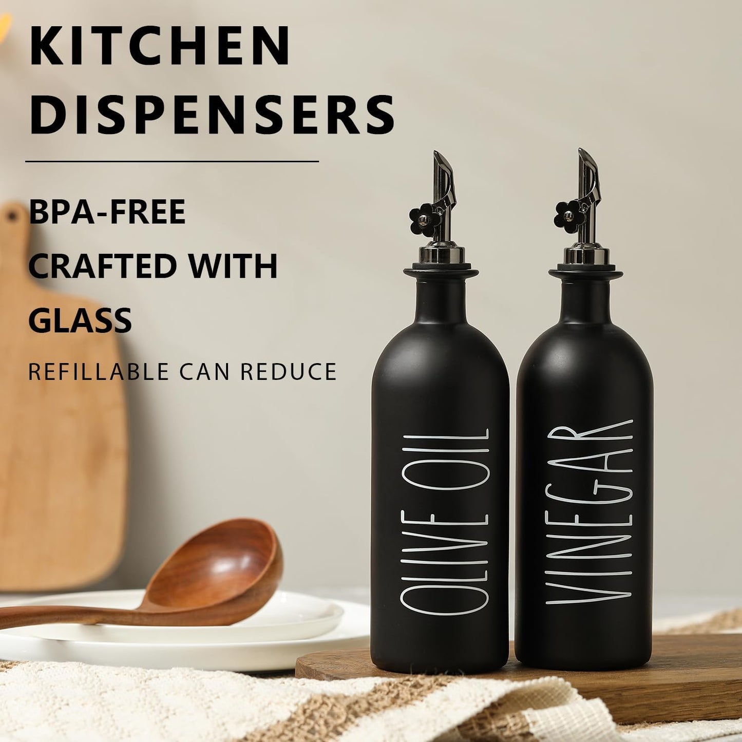 HOMCDALY Premium Olive Oil Dispenser for Kitchen, 11.8oz Glass Oil Bottles with Bamboo Tray, White and Gold Oil&Vinegar Cruet Set, Kitchen Dispenser Bottles with Pourer| Set of 2 (11.8oz –P–Gold)
