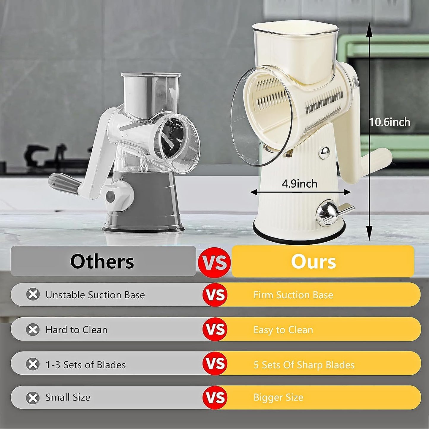 Rotary Cheese Grater with Handle: 5 in 1 Cheese Grater Hand Crank Cheese Shredder with Strong Suction Base Kitchen Vegetable Slicer with 5 Interchangeable Blades, Storage Box, White
