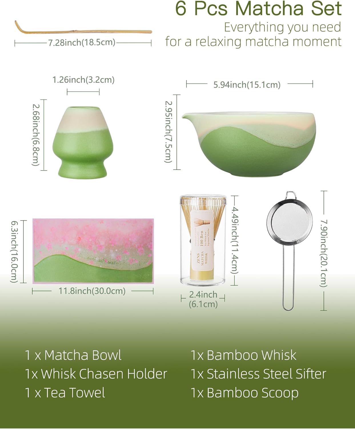 ZENS Matcha Whisk Set, Ceramic Matcha Kit Set Includes Matcha Bowl, Bamboo Whisk and Scoop, Chasen Holder, 304 Sifter and Tea Mat - 6Pcs Matcha Kit for Matcha Lovers (White)
