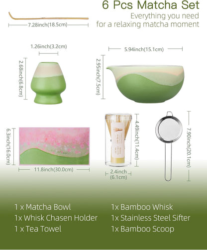 ZENS Matcha Whisk Set, Ceramic Matcha Kit Set Includes Matcha Bowl, Bamboo Whisk and Scoop, Chasen Holder, 304 Sifter and Tea Mat - 6Pcs Matcha Kit for Matcha Lovers (White)