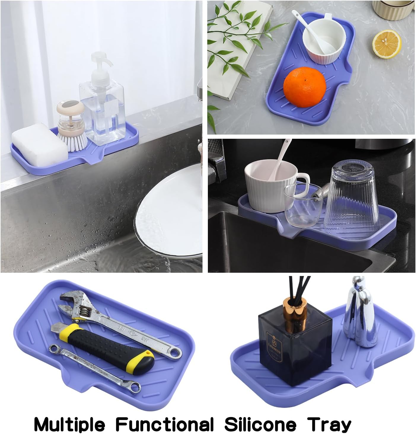 MicoYang Silicone Soap Dish with Drain Spout, Self-Draining Sink Organizer Tray for Bathroom and Kitchen, Sponges, Dispensers and Soap Holder, Non-Slip and Dishwasher Safe, Black (Compact, 4.9"×3.2")