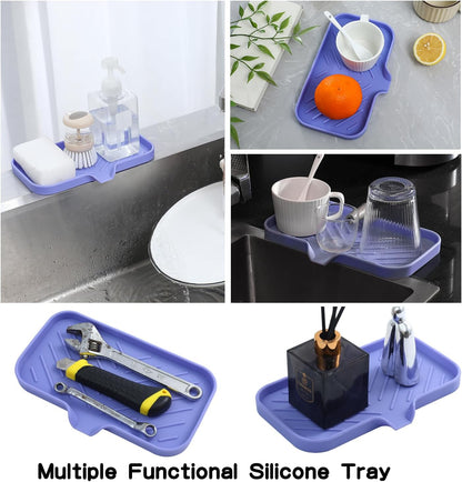 MicoYang Silicone Soap Dish with Drain Spout, Self-Draining Sink Organizer Tray for Bathroom and Kitchen, Sponges, Dispensers and Soap Holder, Non-Slip and Dishwasher Safe, Black (Compact, 4.9"×3.2")