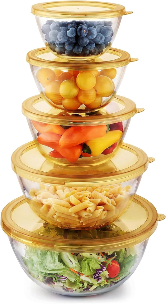 Cuiselect 4pc Glass Mixing Bowls with Lids Set (2.80QT, 1.64QT, 1.16QT, 0.85QT), Thick Salad Bowl, Nesting Glass Mixing Bowl for Cooking, Baking, Prepping-Dishwasher Microwave Freezer Safe