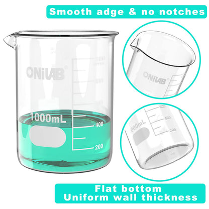 ONiLAB Glass Measuring Beaker Set 50ml 100ml 250ml 500ml 1000ml(Pack of 5) 3.3 Boro Griffin Low Form with Printed Graduation Scientific Glassware for Laboratories, Classrooms or Home Use