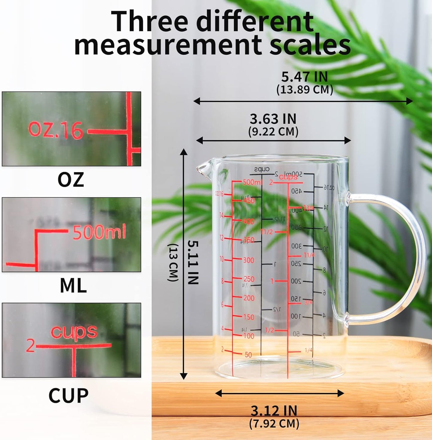 77L Glass Measuring Cup, [Insulated handle, V-Shaped Spout], High Borosilicate Glass Measuring Cup for Kitchen or Restaurant, Easy To Read, 500 ML (0.5 Liter, 2 Cup)