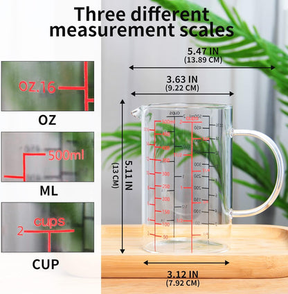 77L Glass Measuring Cup, [Insulated handle, V-Shaped Spout], High Borosilicate Glass Measuring Cup for Kitchen or Restaurant, Easy To Read, 500 ML (0.5 Liter, 2 Cup)