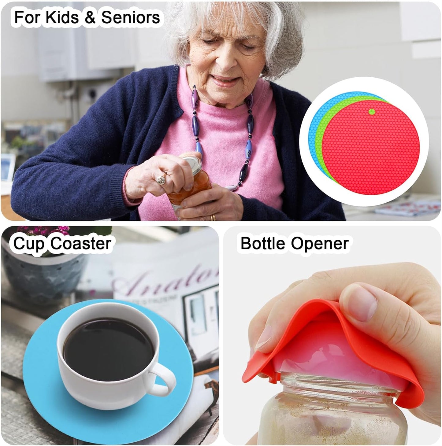 uxcell 3pcs Silicone Jar Opener Pads, 17.5cm/7" Texture Can Opener Multipurpose Round Bottle Lid Opener Non-Slip Coasters for Weak Hands Seniors Children, Orange, Blue, Gray