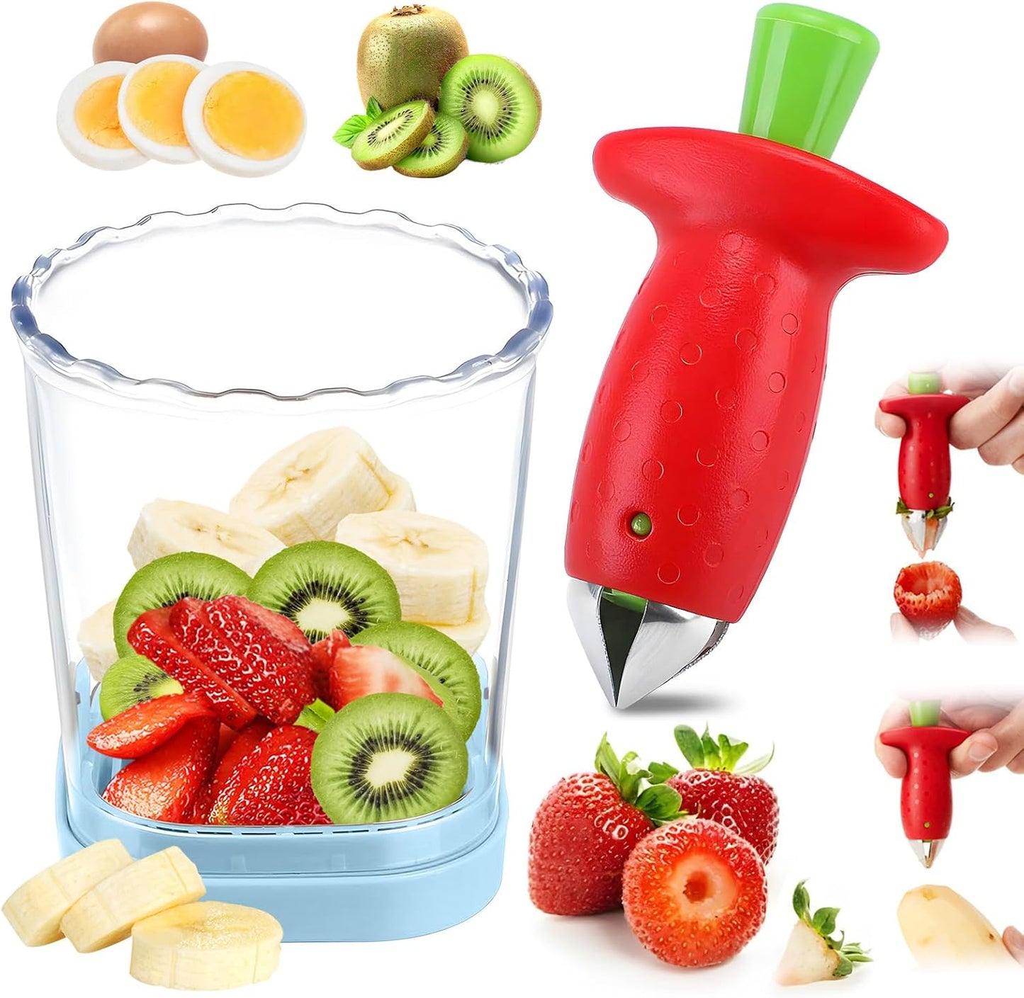 2-in-1 Strawberry Huller with Strawberry Slicer Set，StrawberryCutter，StrawberryCorer Tool，2 Pack (Color-B)