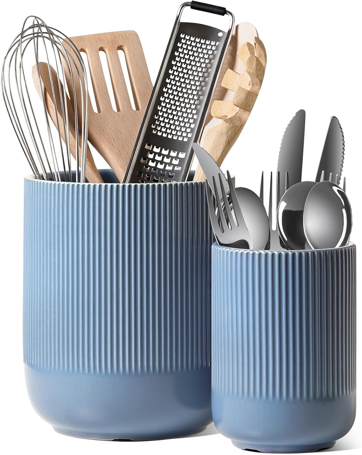 LE TAUCI Utensil Holder for Kitchen Counter, 7.3"+5.4" Fluted Ceramic Utensil Crock Organizer for Countertop, Heavy Large Holder for Spatulas, Spoons, Set of 2, White, Kitchen Counter Decor