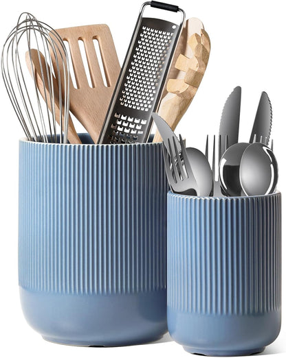 LE TAUCI Utensil Holder for Kitchen Counter, 7.3"+5.4" Fluted Ceramic Utensil Crock Organizer for Countertop, Heavy Large Holder for Spatulas, Spoons, Set of 2, White, Kitchen Counter Decor