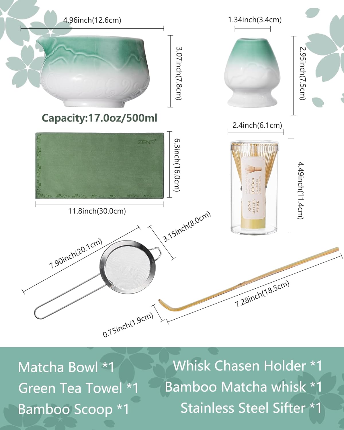 ZENS Pink Matcha Set, Matcha Whisk Set Includes 15oz Ceramic Bowl & (Chasen Holder), Bamboo Whisk & Scoop, Sifter and Pink Tea Towel, 6pcs Matcha Kit for Matcha Lovers