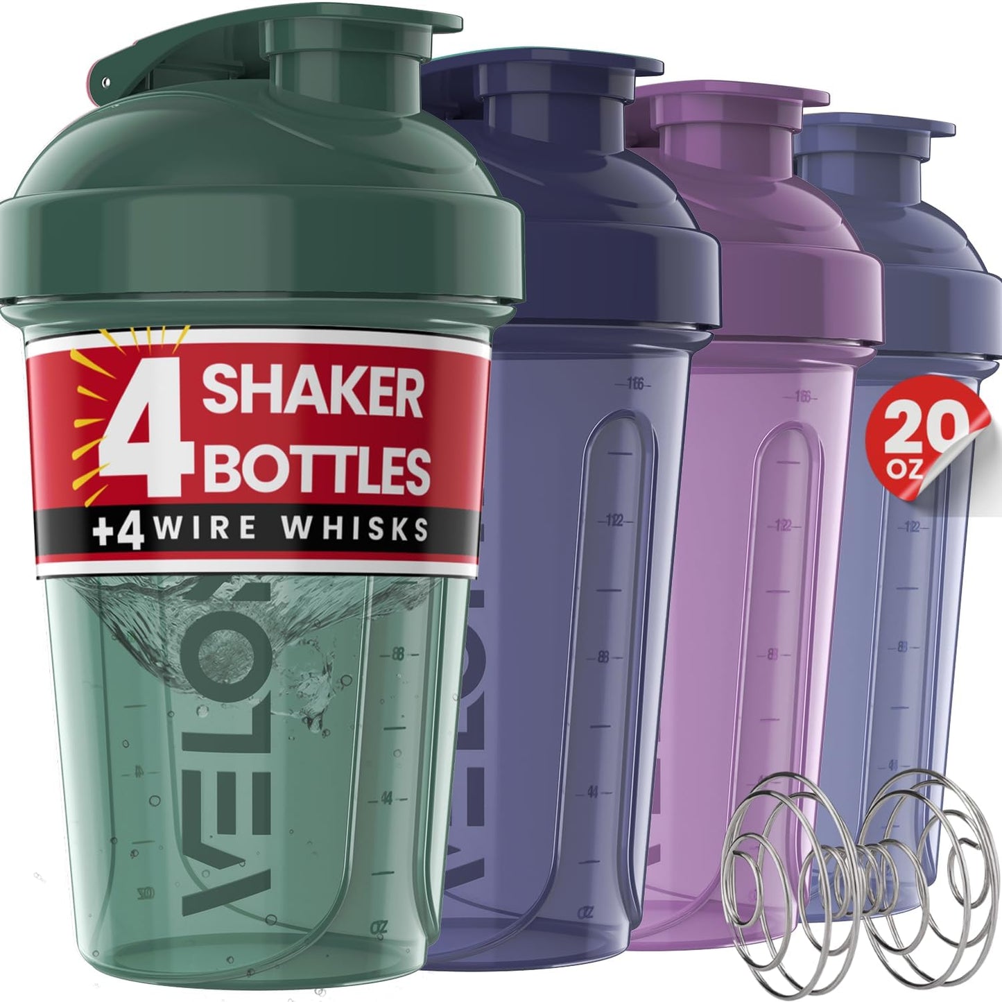 VELOMIX -4 PACK- 20 oz Protein Shaker Bottle for Protein Mixes - 4x Wire Whisk | Leak Proof Shaker Cups for Protein Shakes | Stackable Protein Shaker Bottle Pack | Dishwasher Safe (Blue Mirage)