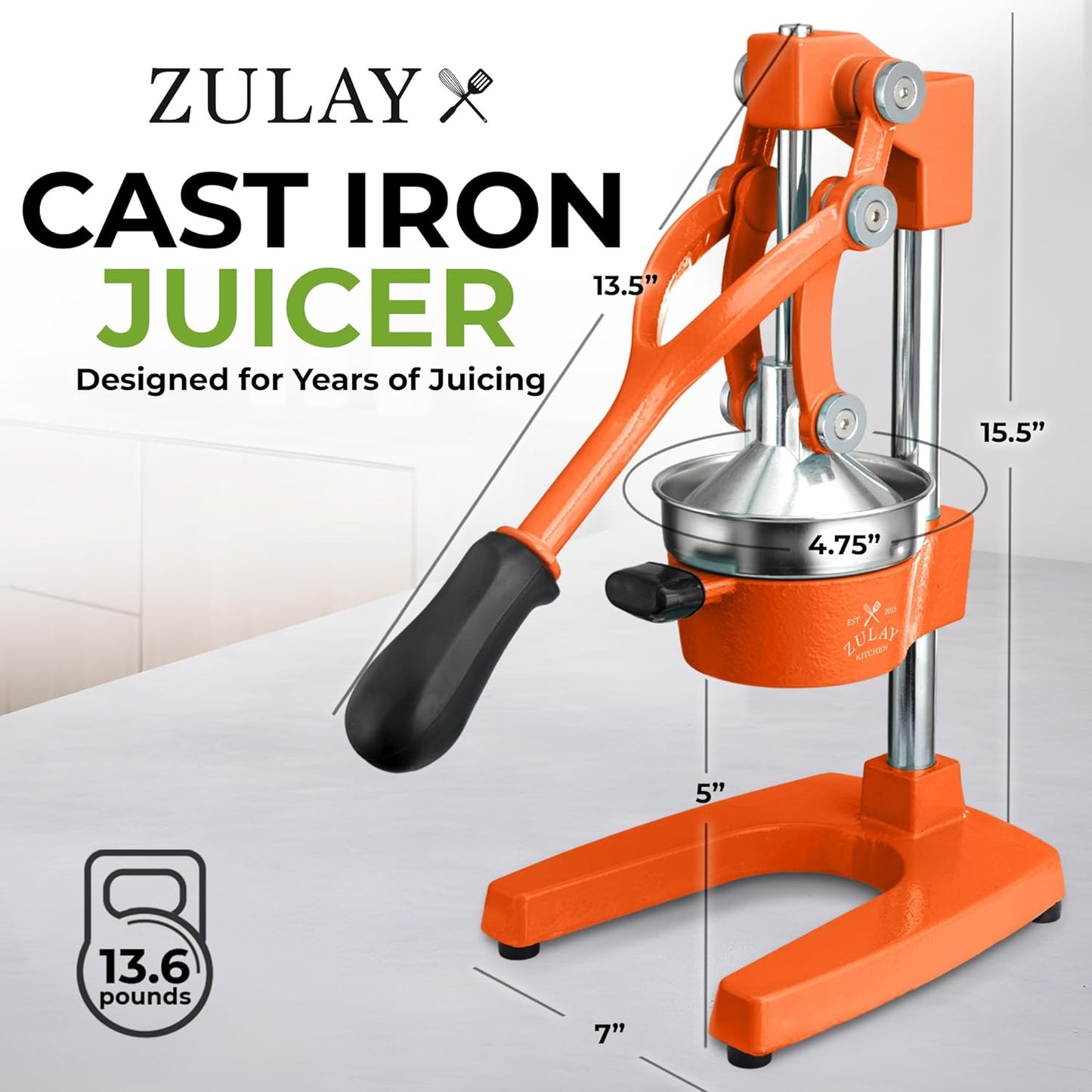 Zulay Kitchen Cast Iron Juicer - Heavy Duty Manual Juicer with Detachable Strainers for Easy Cleaning, Orange Juice Press for Citrus Fruits, Perfect for Bartenders, Juice Lovers & Health Enthusiasts