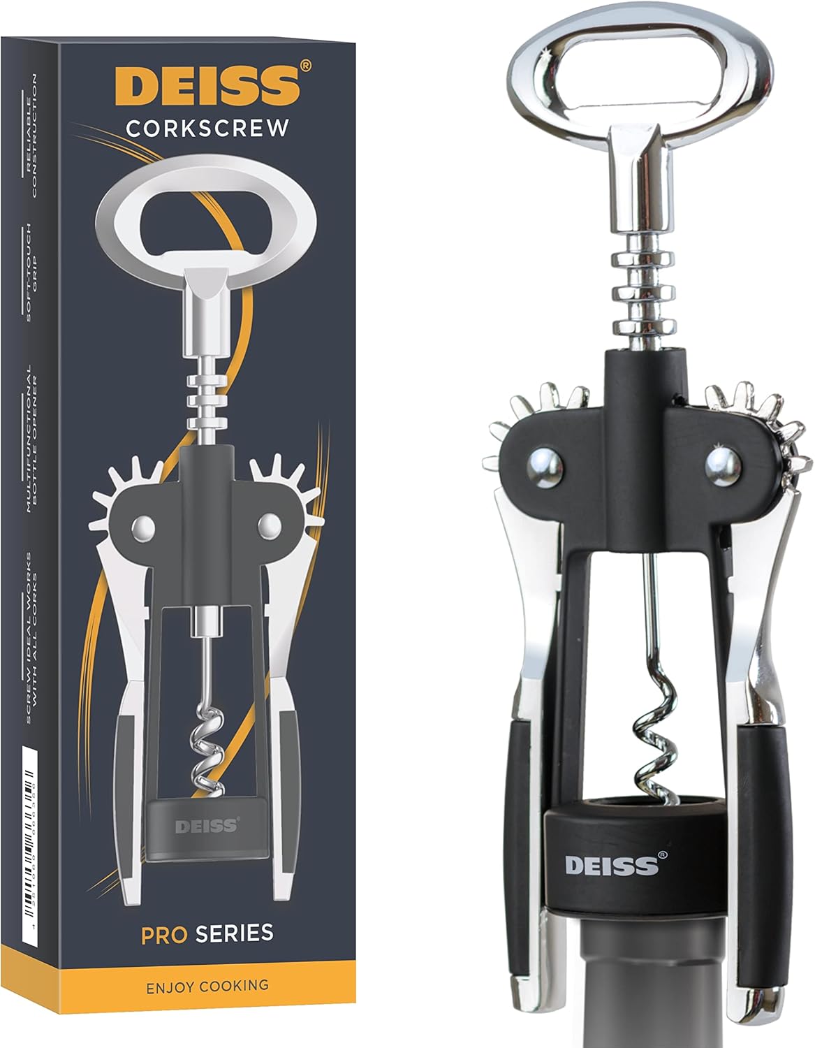 Deiss PRO Wing Corkscrew Wine Opener - 2 in 1 Wine Corkscrew and Beer Opener - The Easiest Way to Open Wine Bottle Corks - Reliable and Sturdy Wine Opener - Wine Bottle Opener