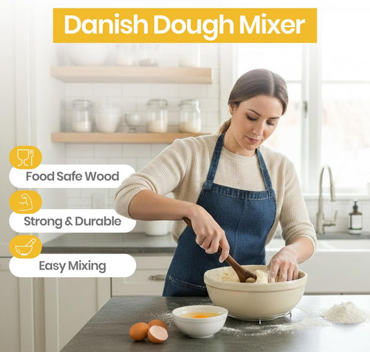 Eggssentials - Natural Wooden Dough Whisk for Sourdough Bread Baking – Danish Dough Whisk, Bread Whisk Mixing Tool for Dough & Batter – Sourdough Tools, Bread Making Supplies