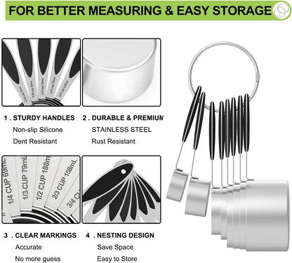 Measuring Cups and Measuring Spoons Set, Wildone Stainless Steel 8 Measuring Cups, 10 Measuring Spoons, 1 Leveler 1 Whisk & 5 Mini Spoons, for Dry and Liquid Ingredient - 25 Piece Multicolor