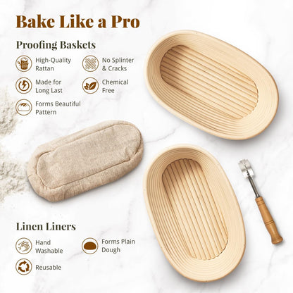 Sourdough Starter Kit, Banneton Bread Proofing Baskets Set, Sourdough Bread Baking Supplies Making Tools with Dough Scraper, Whisk, Bread Lame, Recipe