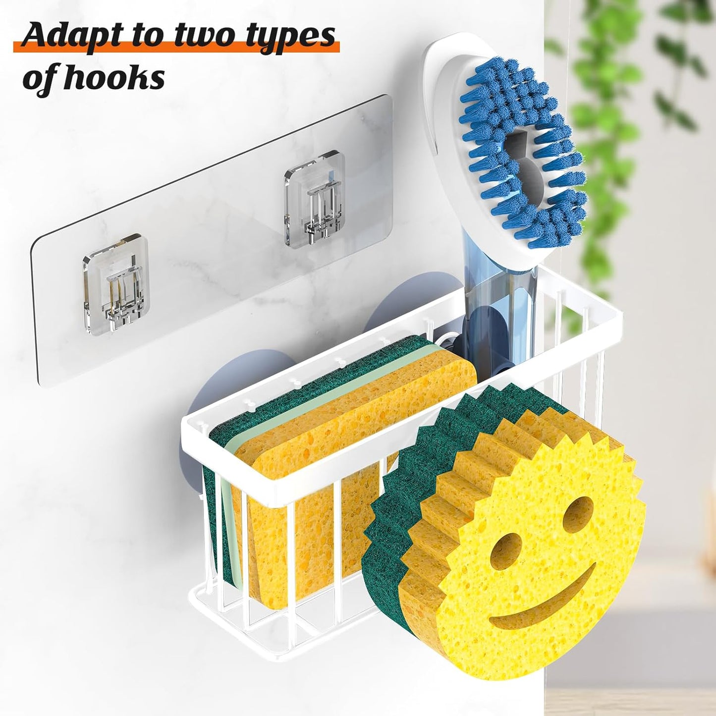 MURLONG Sponge Holder Smiley Face, Sink Organizer with 2 Suction Cups/1 Adhesive Strips, Designed for Sponge, Soap, Dish Brush, Scrubber - White