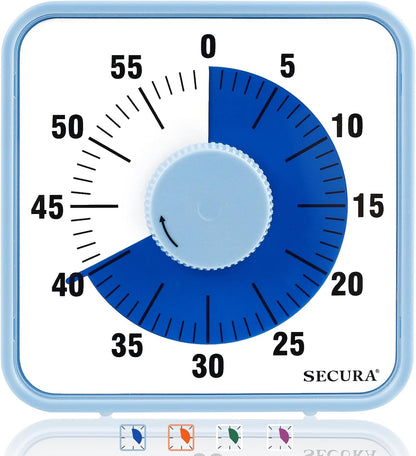 Secura 60-Minute Visual Countdown Timer, 7.5-Inch Oversize Classroom Visual Timer for Kids and Adults, Durable Mechanical Kitchen Timer Clock with Magnetic Backing (Blue)