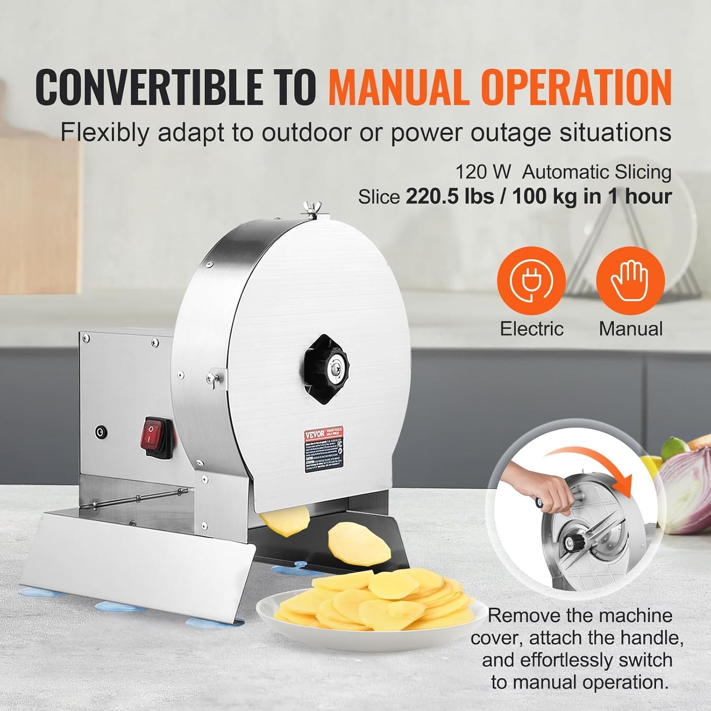 VEVOR Electric Vegetable Slicer, 0-0.5"/0-12mm Thickness Adjustable Commercial Slicer Machine, Convertible to Manual, Stainless Steel Food Cutter Slicing Machine, for Potato, Lemon, Tomato, Apple