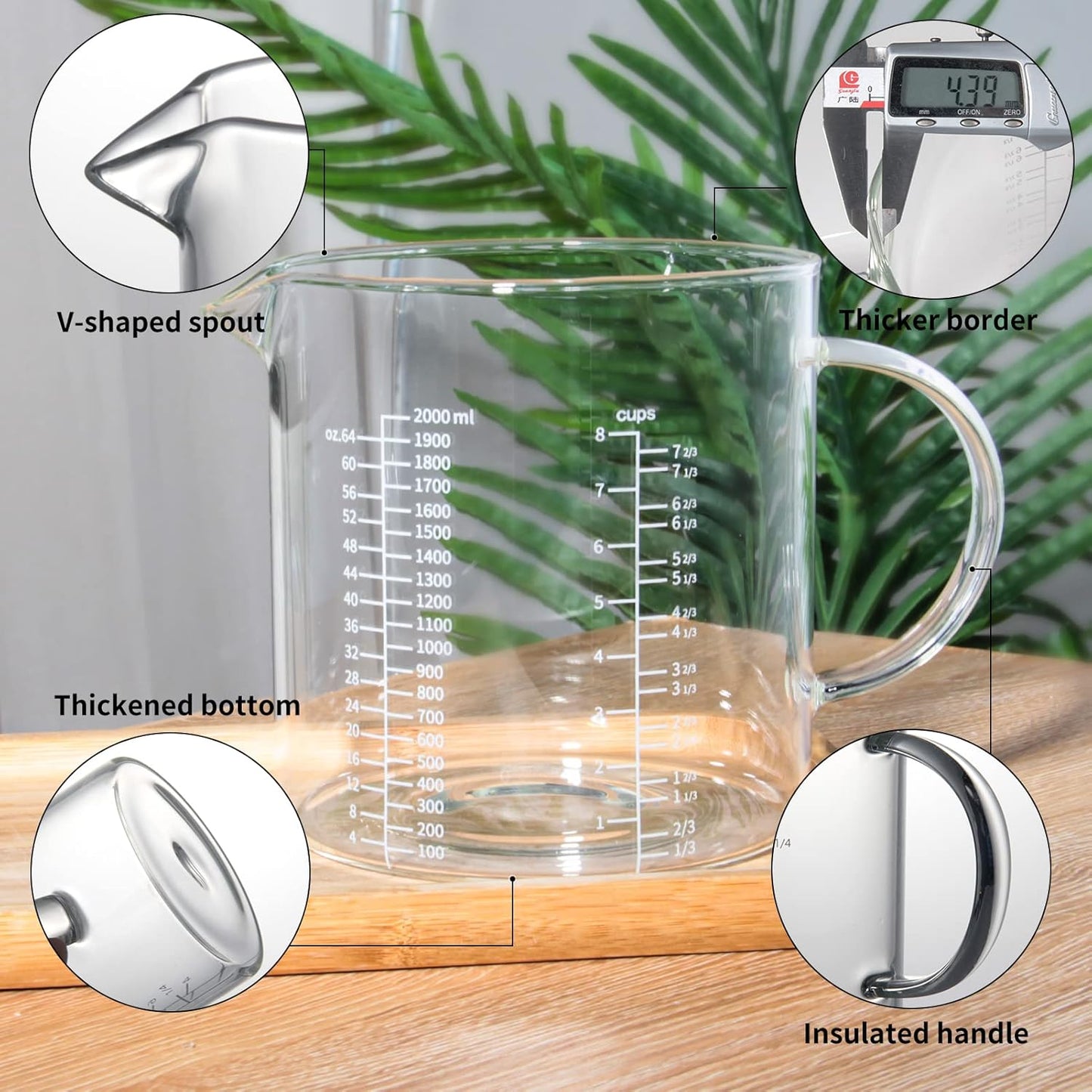 77L Glass Measuring Cup, [Insulated handle, V-Shaped Spout], High Borosilicate Glass Measuring Cup for Kitchen or Restaurant, Easy To Read, 500 ML (0.5 Liter, 2 Cup)