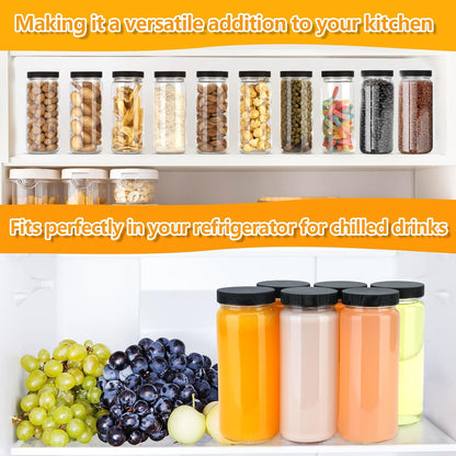 Zukro 12 oz Glass Juice Bottles with Lids & Straw, Airtight & Leak proof, Reusable Clear Small Bottle With Stainless Steel Cap for Juicing, Water, Smoothie & Milk, Dishwasher Safe & BPA Free, 12 Pack