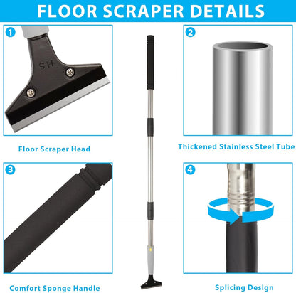 Floor Scraper, 31" to 61" Scraper Tool Long Handle with 4-inch Razor Blade Stainless Steel Material Adjustable Cleaning Glass Wall Gum Paint Tile Glue Linoleum Carpet Sturdy Durable