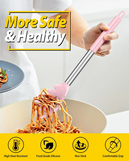 Silicone Pasta Fork and Ladle Spoon Set, Large Non Stick Kitchen Utensils for Cooking,Stirring,Serving Spaghetti, Soup, Sauce (GRAY)