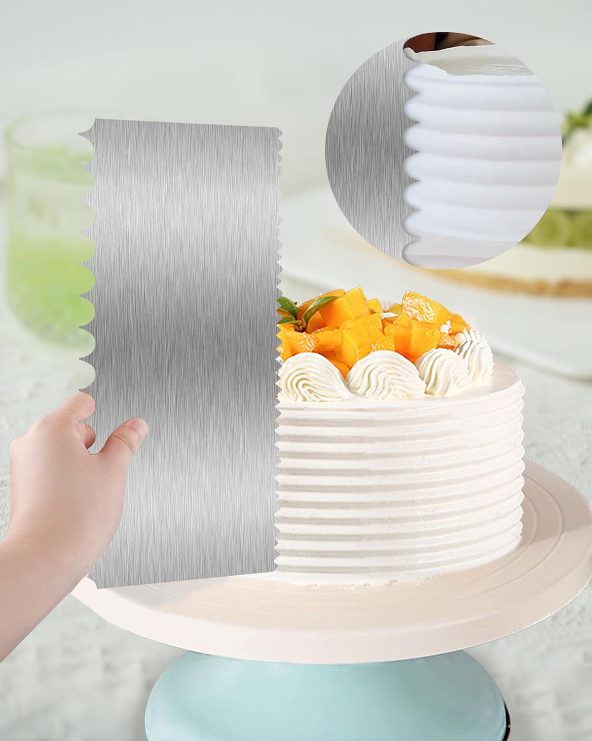 Cake Scraper Smoother Cake Decorating Supplies Kit 8.6 Inch Metal Bench Scraper for Baking Buttercream Smoother Stainless Steel Frosting Cake Comb Edge Side Jagged Comb for Cream Cake-1
