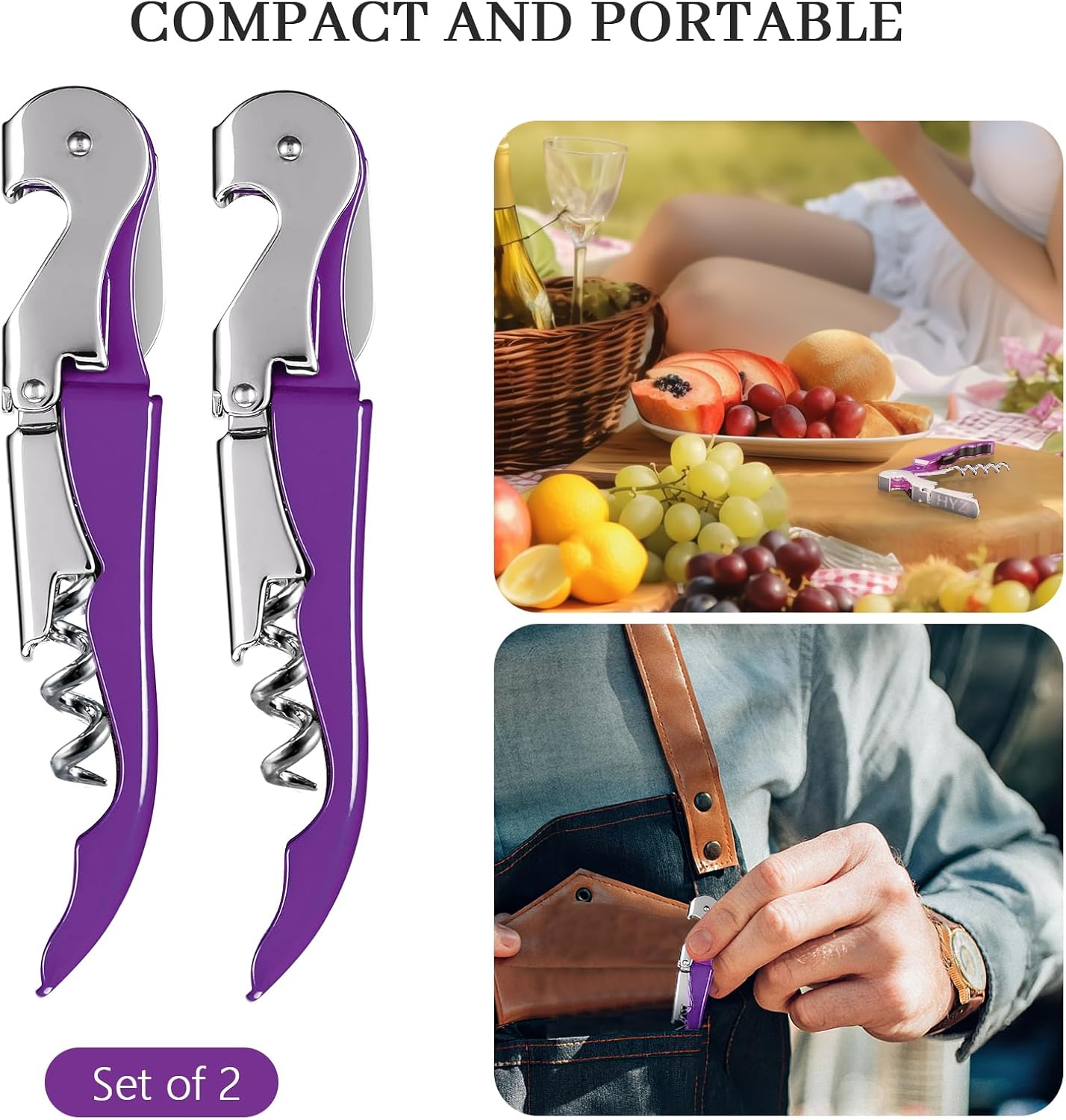 HYZ 2-Pack Wine Opener Waiter Corkscrew, Professional Wine Key for Servers, Bartender, with Foil Cutter, Manual Wine Bottle Opener Double Hinged (Black)