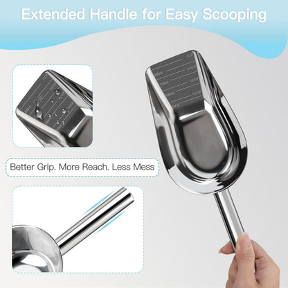 Dog-Cat Food Scoop 1 Cup – Thickened 304 Stainless Steel Pet Food Scoop with Long Handle, Precision Scale, Easy to Clean, Suitable for Wet Dry Food