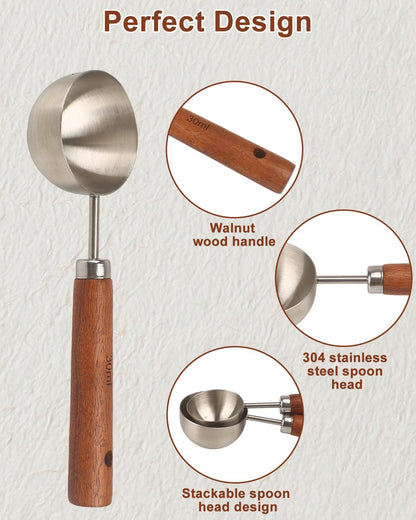 Coffee Scoop Set, 2 PCS 304 Stainless Steel Wood Handle Coffee Measuring Spoons, 15ml & 30ml for Ground Espresso Beans, Long Wooden Handle Scoop Kitchen Utensil for Scooping
