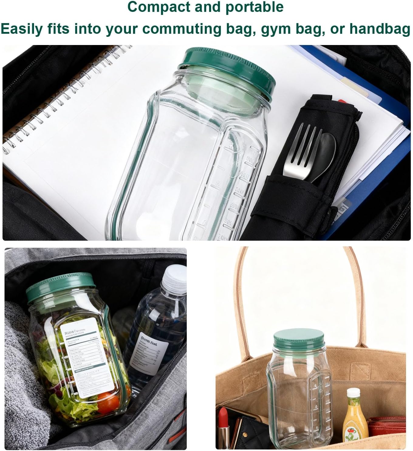 VBESTLIFE Salad Mason Jar Side Open, Shaker Salad Bottle Container Jars with Dressing Cup Compartment, Portable Glass Pods for Lunch Travel