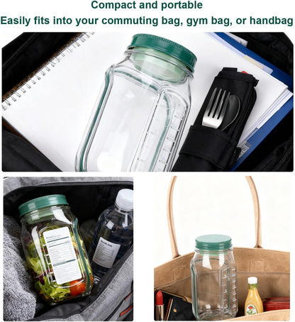VBESTLIFE Salad Mason Jar Side Open, Shaker Salad Bottle Container Jars with Dressing Cup Compartment, Portable Glass Pods for Lunch Travel
