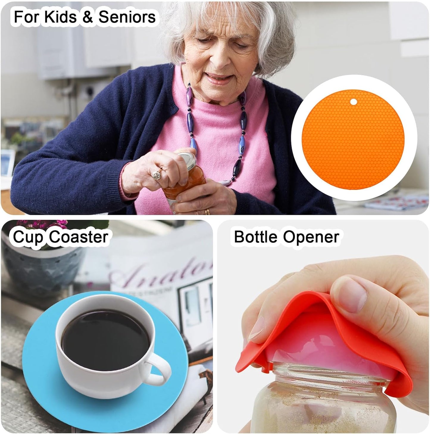 uxcell 3pcs Silicone Jar Opener Pads, 17.5cm/7" Texture Can Opener Multipurpose Round Bottle Lid Opener Non-Slip Coasters for Weak Hands Seniors Children, Orange, Blue, Gray