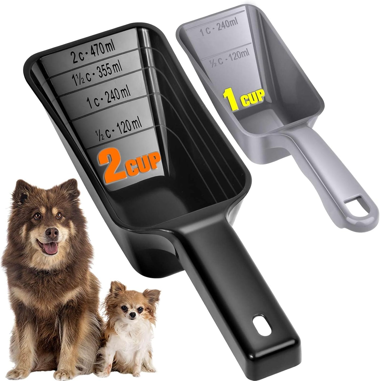 2-Pack Dog Food Scoop Set,1 Cup and 2 Cup Plastic Pet Food Measuring Scoops with Clear Measurement Lines,Multi-Purpose Pet Food Scooper for Dogs, Cats (Green and Black)