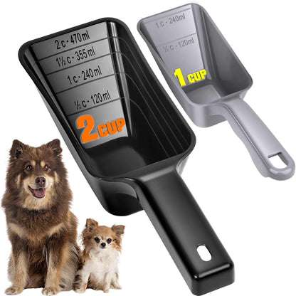 2-Pack Dog Food Scoop Set,1 Cup and 2 Cup Plastic Pet Food Measuring Scoops with Clear Measurement Lines,Multi-Purpose Pet Food Scooper for Dogs, Cats (Green and Black)