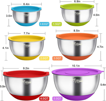 Wildone Mixing Bowls with Airtight Lids, 22 PCS Stainless Steel Nesting Bowls, with 3 Grater Attachments, Scale Marks & Non-Slip Bottom, Size 5, 4, 3, 2,1.5, 0.63QT, Ideal for Mixing & Prepping
