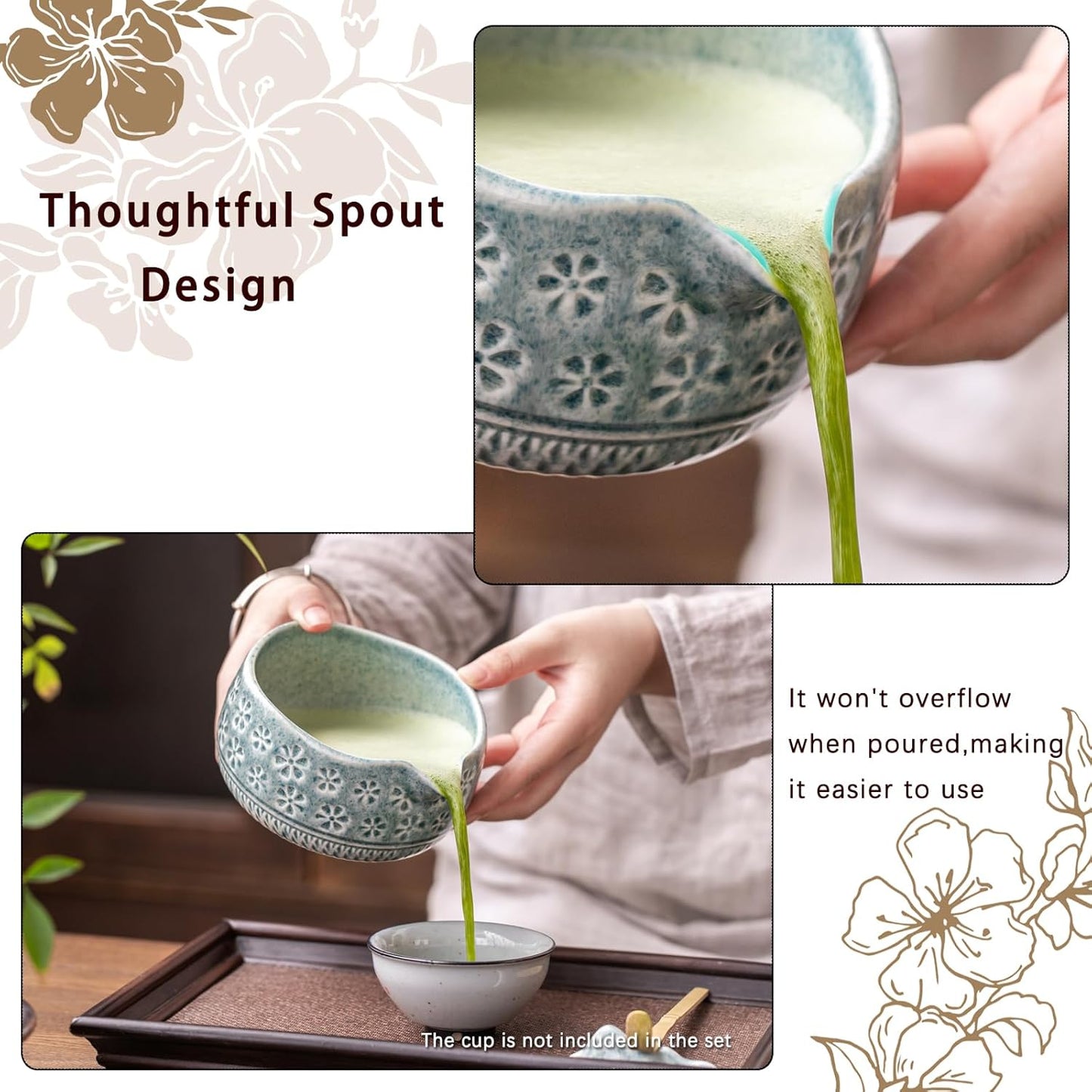 Buucup Matcha Whisk Set, Ceramic Matcha Kit Set Includes Matcha Bowl, Matcha Whisk and Holder, Bamboo Scoop, Scoop Rest, Sifter and Tea Towel - 7 Pcs Matcha Kit for Matcha Lovers (Mottled Green)