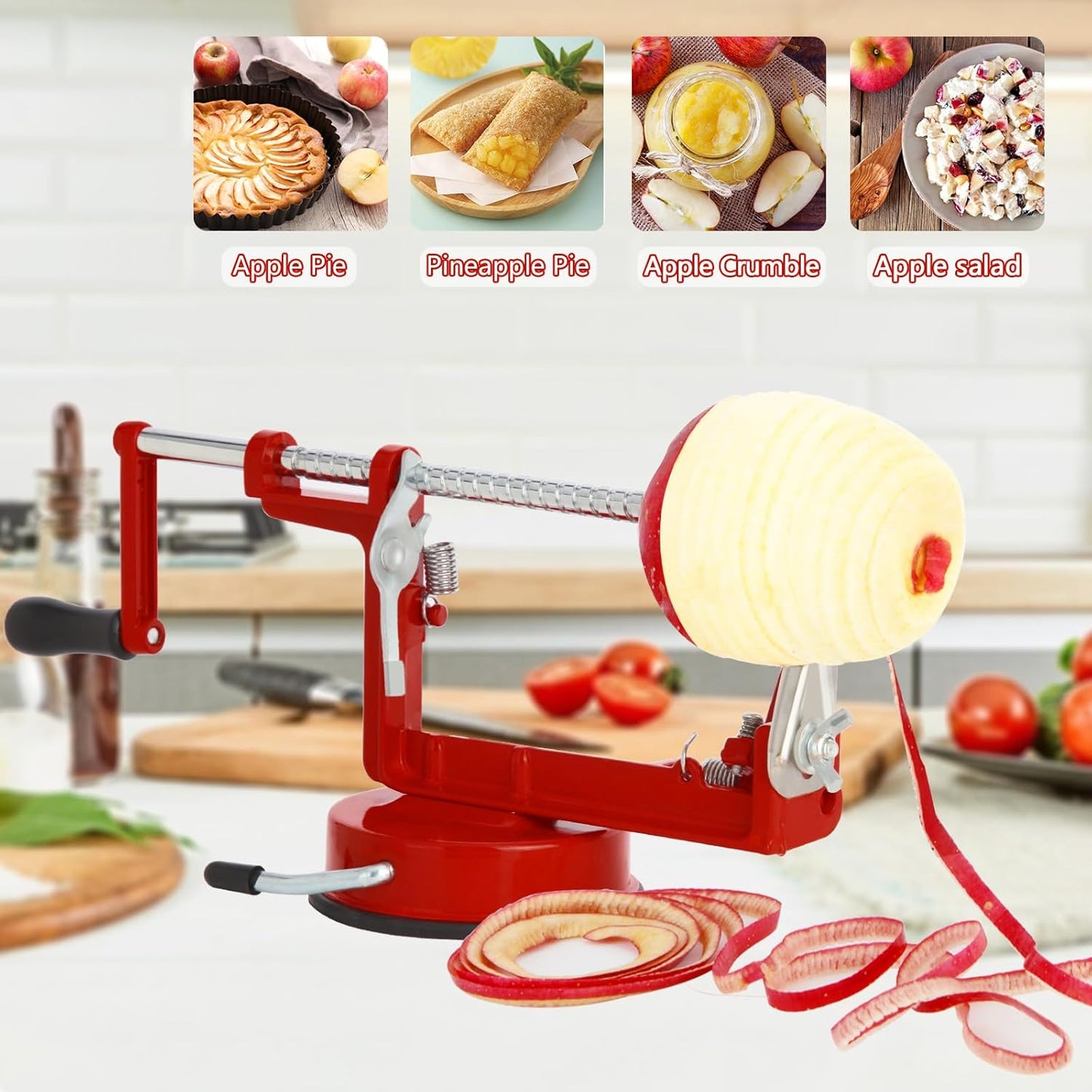 Apple Peeler Corer,Apple Slicer With Stainless Steel Blades,Fruit Cutter Machine, Convenient and Funny, Creative Kitchen Tool Gift for Baking Lover（Red）