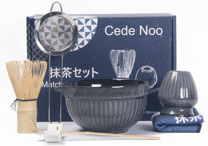 7pcs Matcha Whisk Set with 18oz Spout Bowl, Japanese Tea Ceremony Kit, Natural Bamboo Whisk Scoop, Ceramic Holder Sifter Towel, Best Gift for Beginners and Matcha Lovers