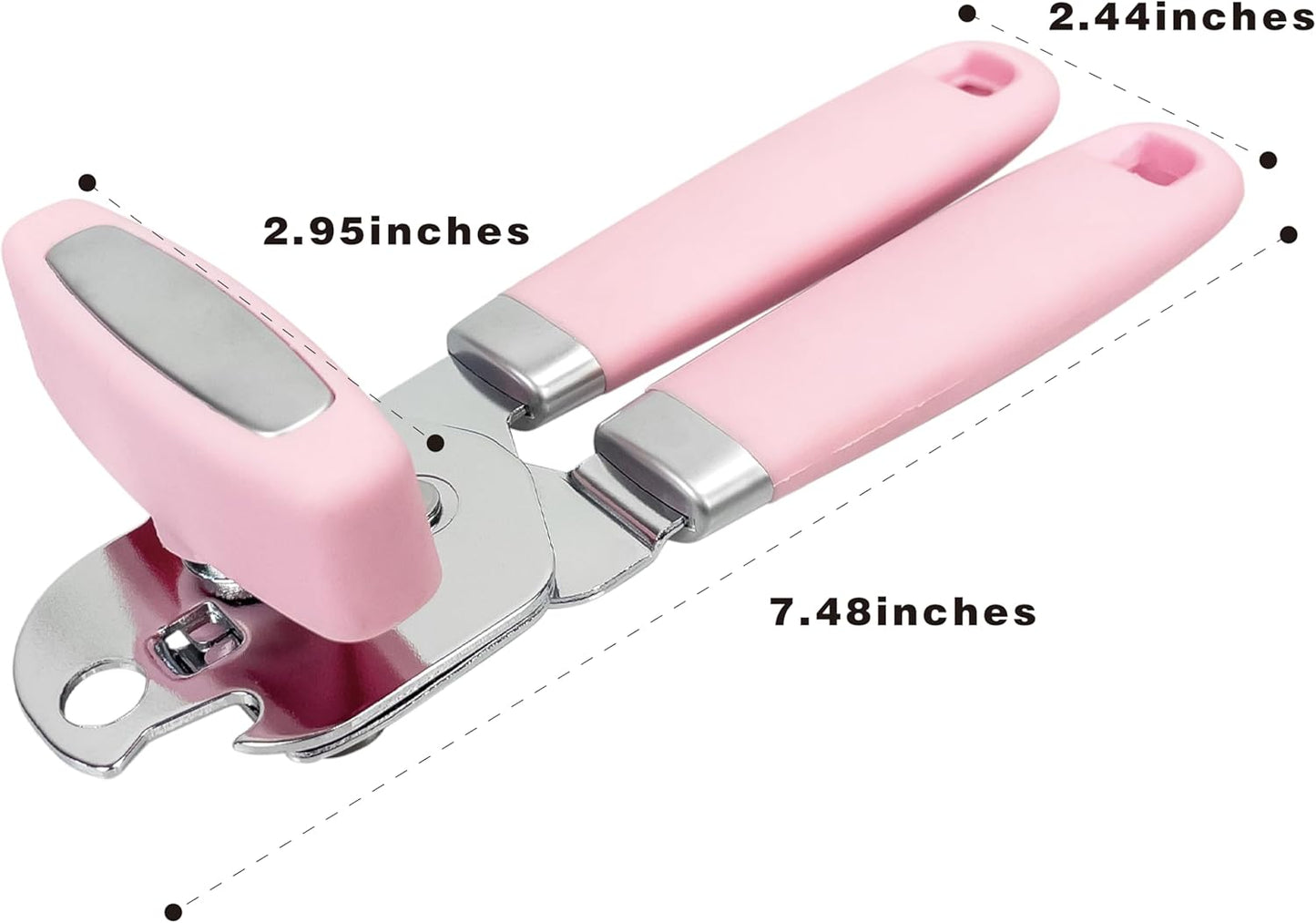 Manual Can Opener, Handheld Comfortable Grip, Oversized Easy Turn Knob, Built in Bottle Opener, Hangs for Convenient Kitchen Storage, Easily Open Tin Cans for Smooth Edge, Pink (Pink, Single)
