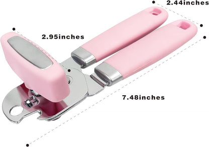 Manual Can Opener, Handheld Comfortable Grip, Oversized Easy Turn Knob, Built in Bottle Opener, Hangs for Convenient Kitchen Storage, Easily Open Tin Cans for Smooth Edge, Pink (Pink, Single)