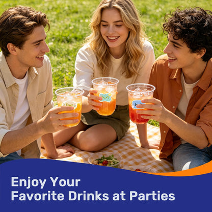 50 Pack 16oz Round Bottom Plastic Cups with Stickers, Clear Disposable Cocktail Cups for Party, Disposable Wine Glasses for Wedding, Birthday, Gathering, Drinks, Cold Beverage