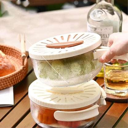 Fruit Vegetable Washing Bowl with Strainer, Foldable Handle Double Layer Basket, Drain Cleaning Colander for Fresh Produce, Kitchen Essentials Brown