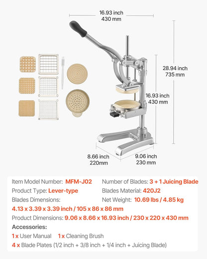 VEVOR French Fry Cutter, Ergonomic Potato Slicer with 3 Blades (1/2", 3/8", 1/4") & Juicer Plate, Easy-Replace Vegetable Chopper Dicer for Carrot, Onion, Lemon, Ideal for Home & Commercial Kitchens