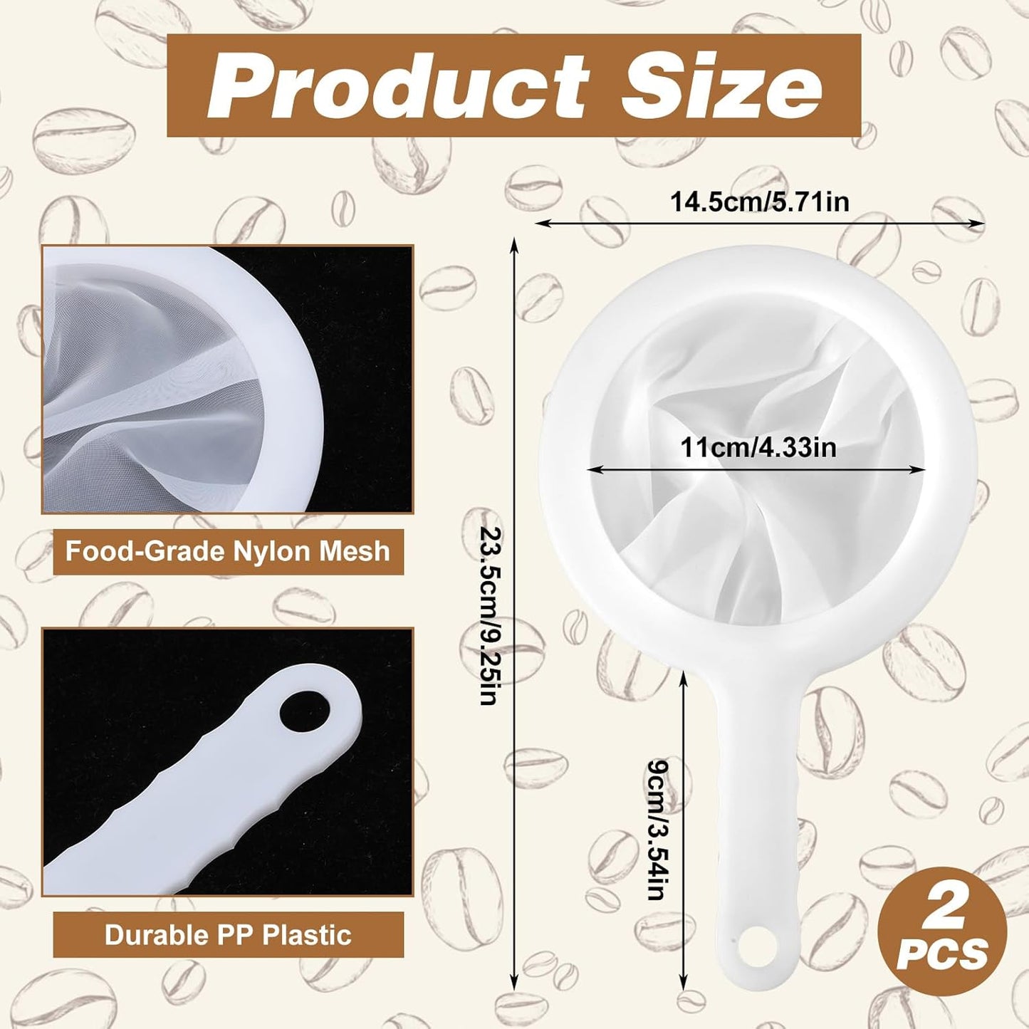 2 PCS Ultra Fine Mesh Strainer, 120 Mesh Plastic Strainer with Handle, Nylon Strainers Fine Meshes, Kitchen Strainer for Juicing with Handle for Coffee Soy Milk Juice Tea