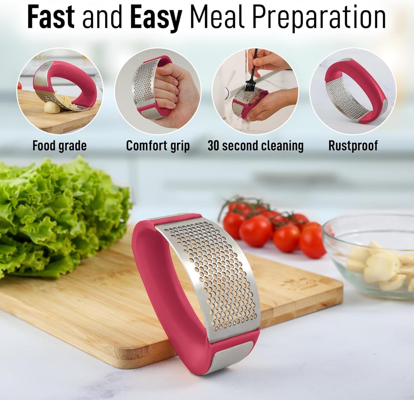 Angel's Peel Lounge Stainless Steel Garlic Press Rocker Set with Silicone Garlic Peeler & Cleaning Brush – Garlic Chopper, Mincer, Grater, Crusher – Easy for Crushed Cloves – Rust-Resistant, Black