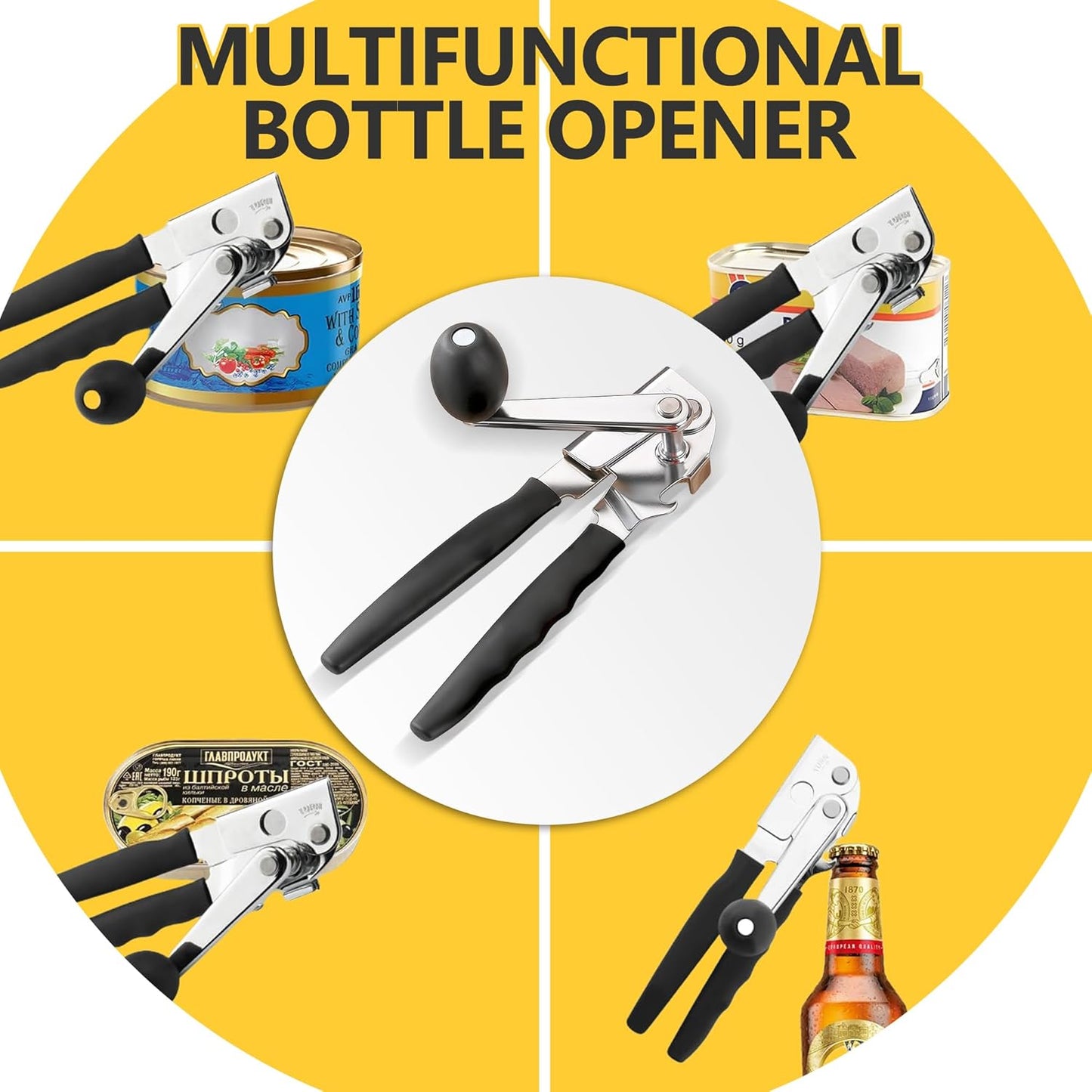 Commercial Heavy Duty Manual Can Opener for Seniors & Arthritis, Stainless Steel with Magnetic Lid Lifter, Smooth Edge Safe Cut, Open for Large Cans, Kitchen & Camping & Commercial with Bottle Opener